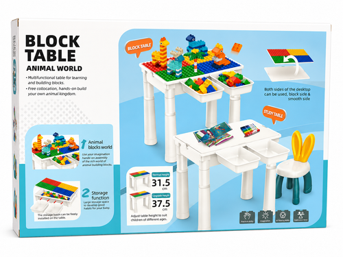 Block Table Animal World Toy – Building Blocks Activity Table with Animal Figures for Kids