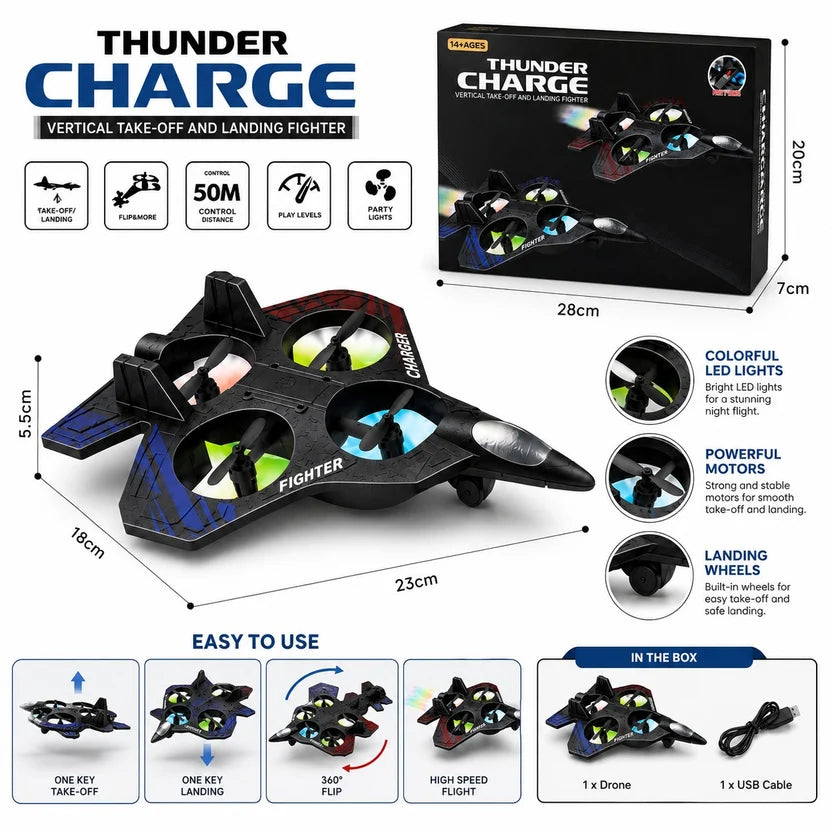 Thunder Charge RC Fighter Drone – 2.4GHz Remote Control Quadcopter with 360° Stunts & LED Lights